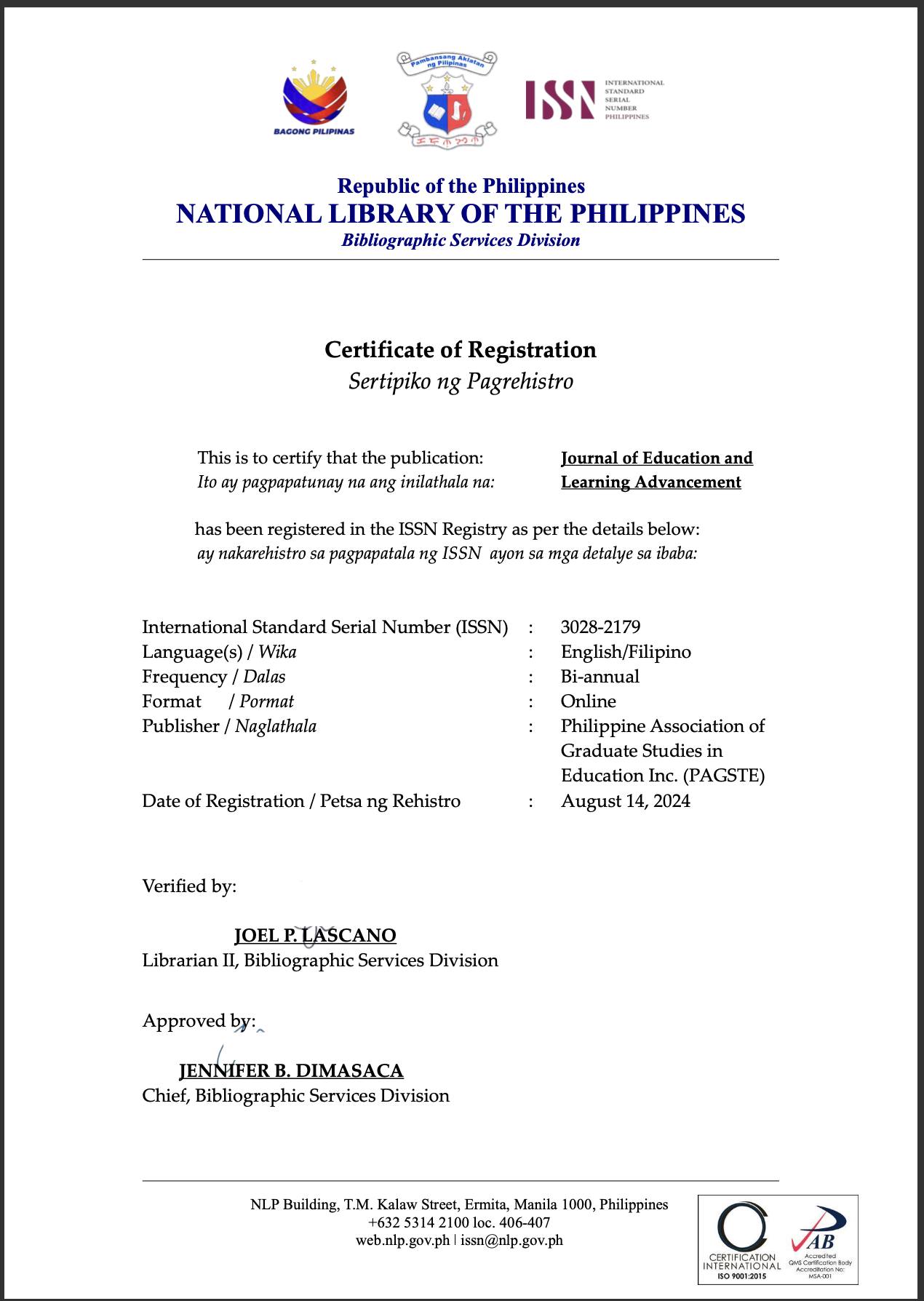 Journal of Education and Learning Advancements | Manila