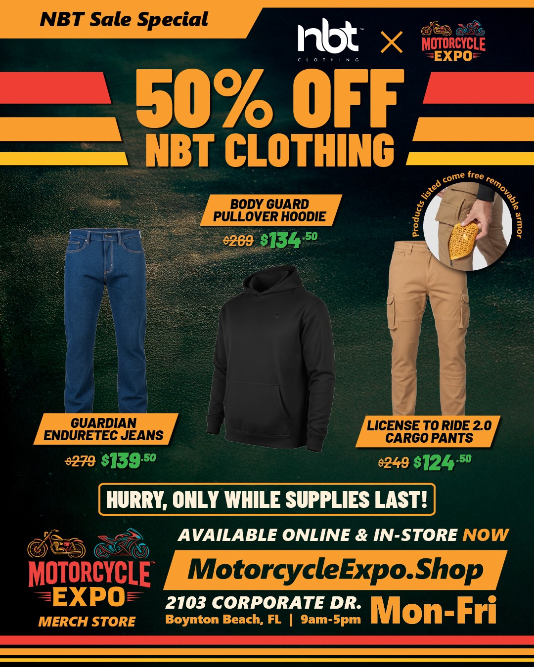 Motorcycle Expo: 50% off NBT riding gear with free CE level 1