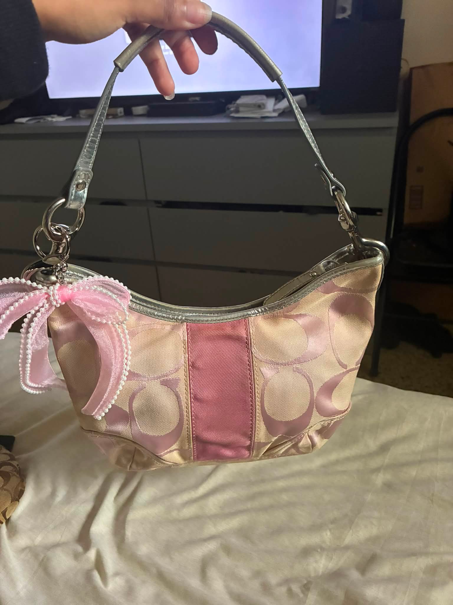 COACH Shoulder Bag Stripe Y2K Pink Coach Signature Beige and Pink 