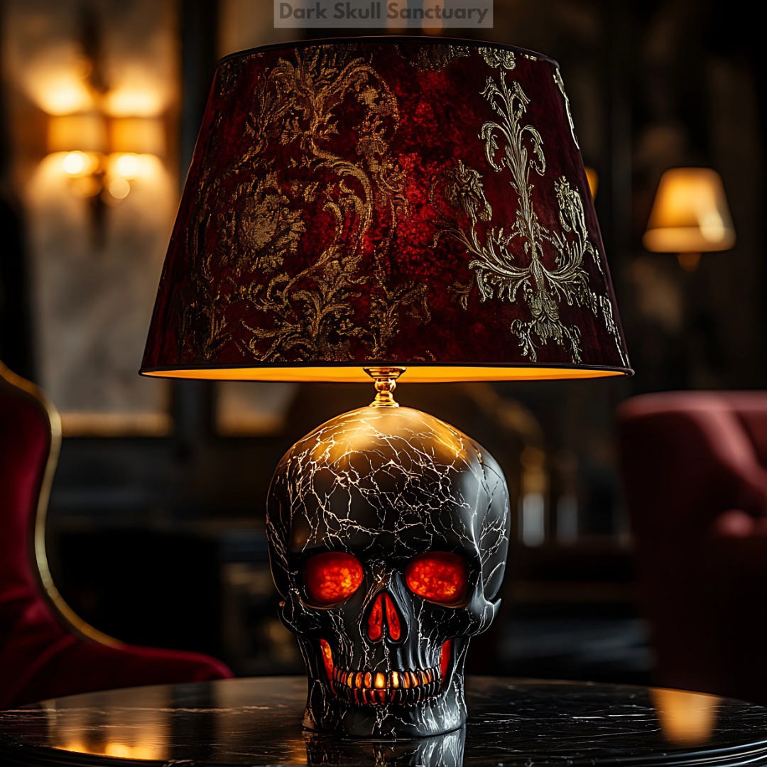Handmade lamp with skull base and silk shade