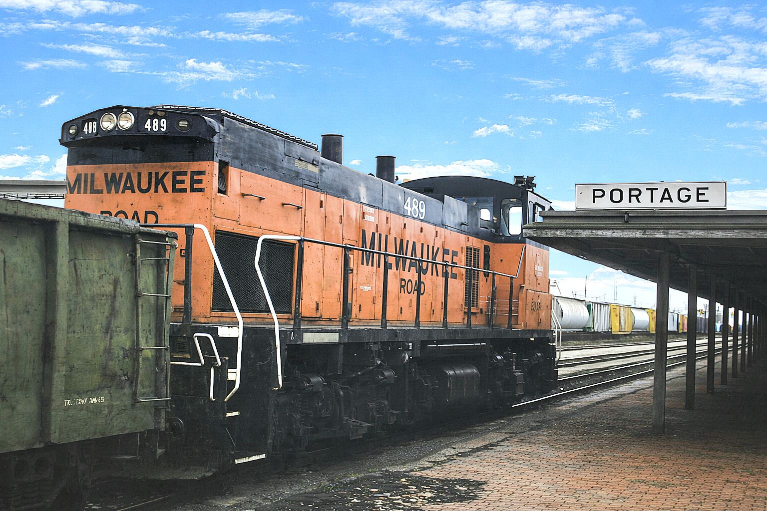 Milwaukee Road MP15AC locomotive in Portage, Wisconsin