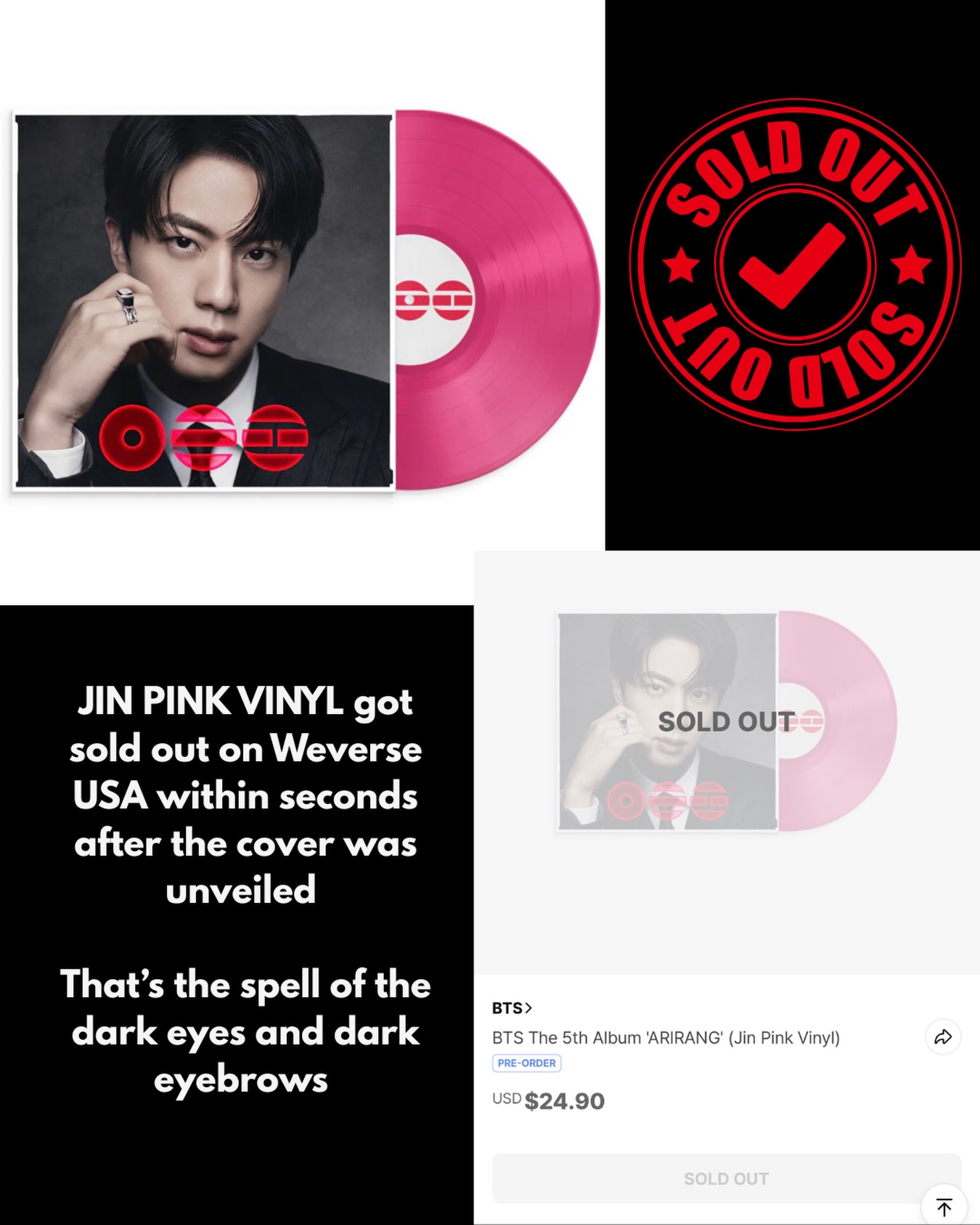 JIN PINK VINYL got sold out on Weverse USA within seconds after