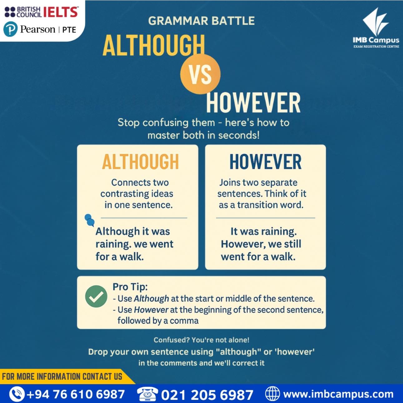 IMB Campus - 🎓 Grammar Battle: Although 🆚 However 🔤 Stop... | Facebook
