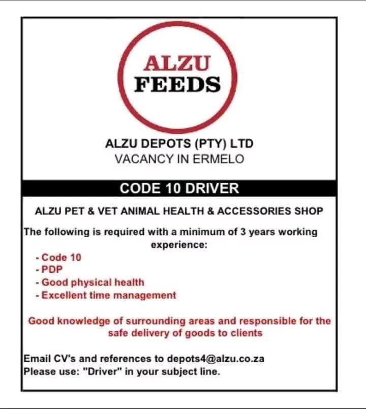 ALZU FEEDS is hiring: Code 10 Driver... - Sebenza Mzansi SA | Facebook