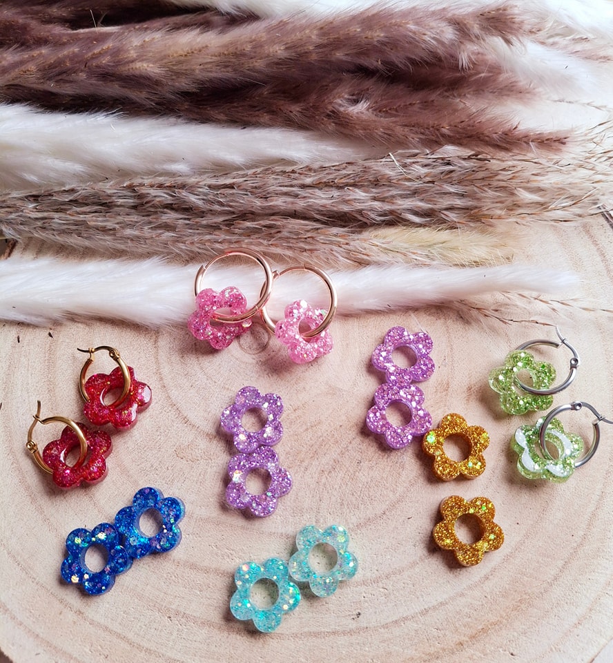 Boucles D'oreilles Vintage La Rose Pourpre - Cabochon Résine Bleu, Plaqué Or