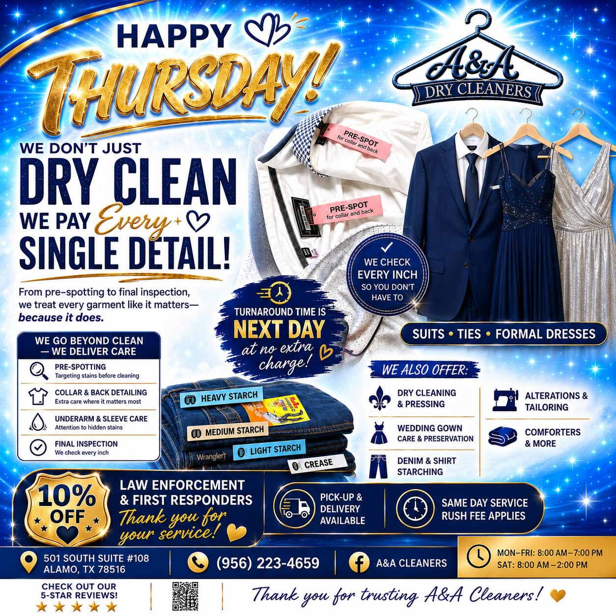 formal dress dry cleaning near me A&A Cleaners in Alamo, TX offers next-day and alterations eid