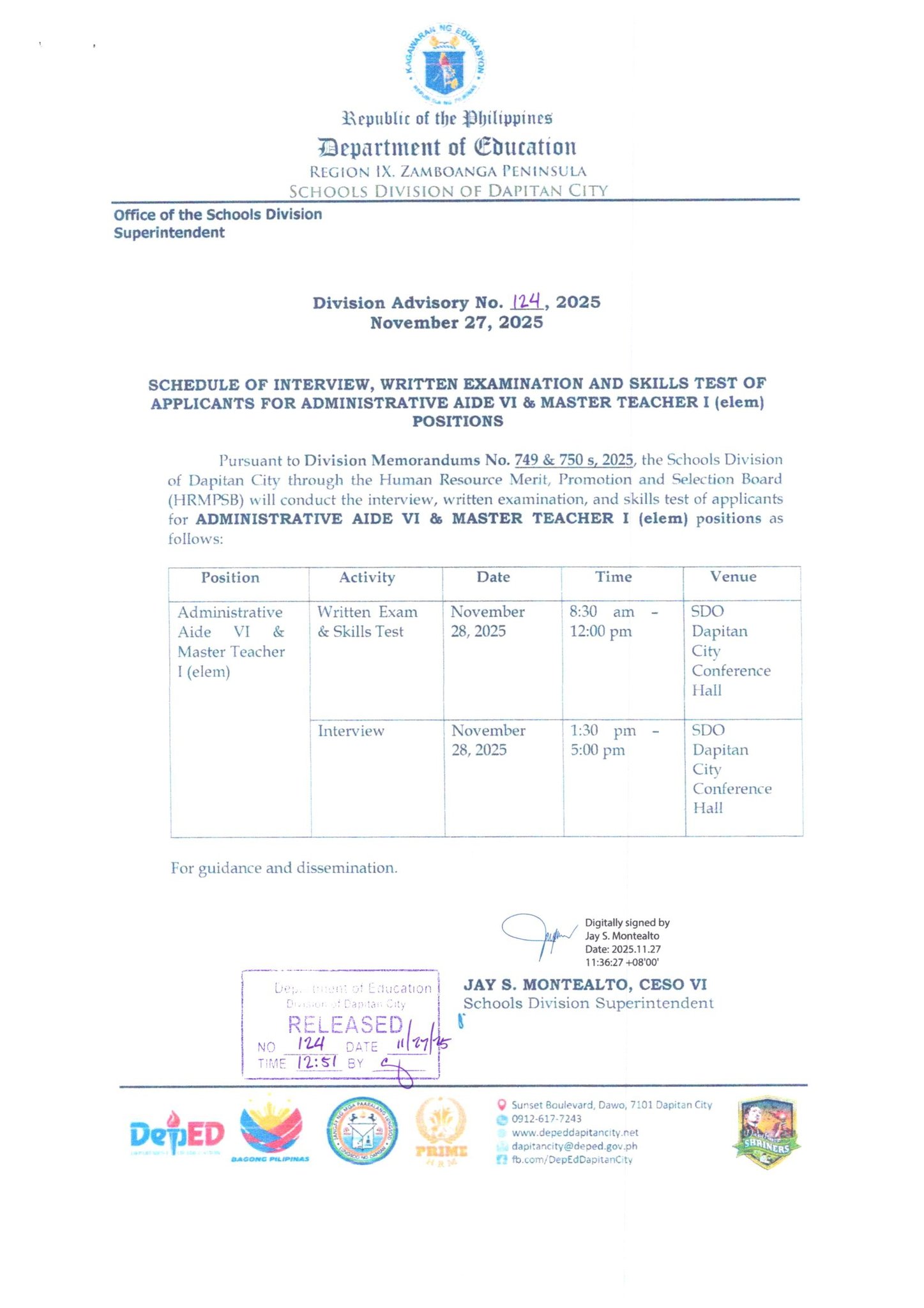 DepEd - 📢EXAM AND INTERVIEW SCHEDULE Division Advisory No. 124, s. 2025 ...