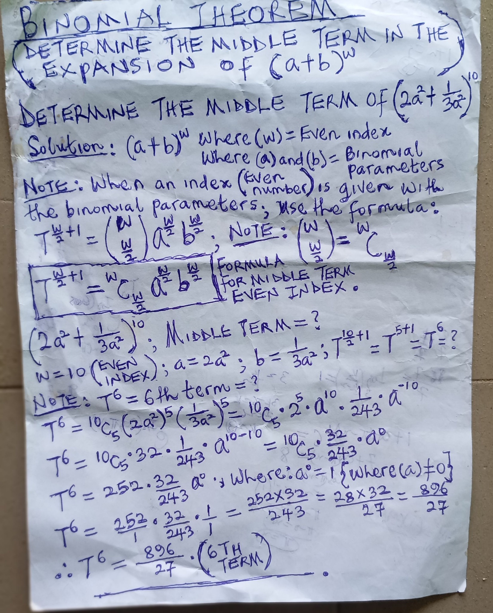 BINOMIAL THEOREM): HOW TO DETERMINE MIDDLE TERM OF (BINOMIAL