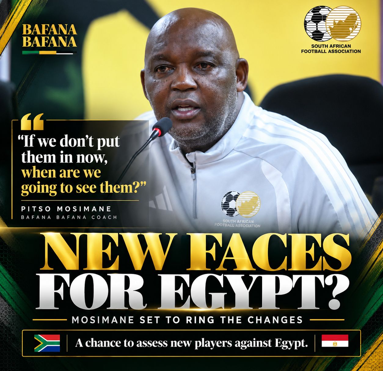 Bafana coach Mosimane to ring changes for friendly against Egypt