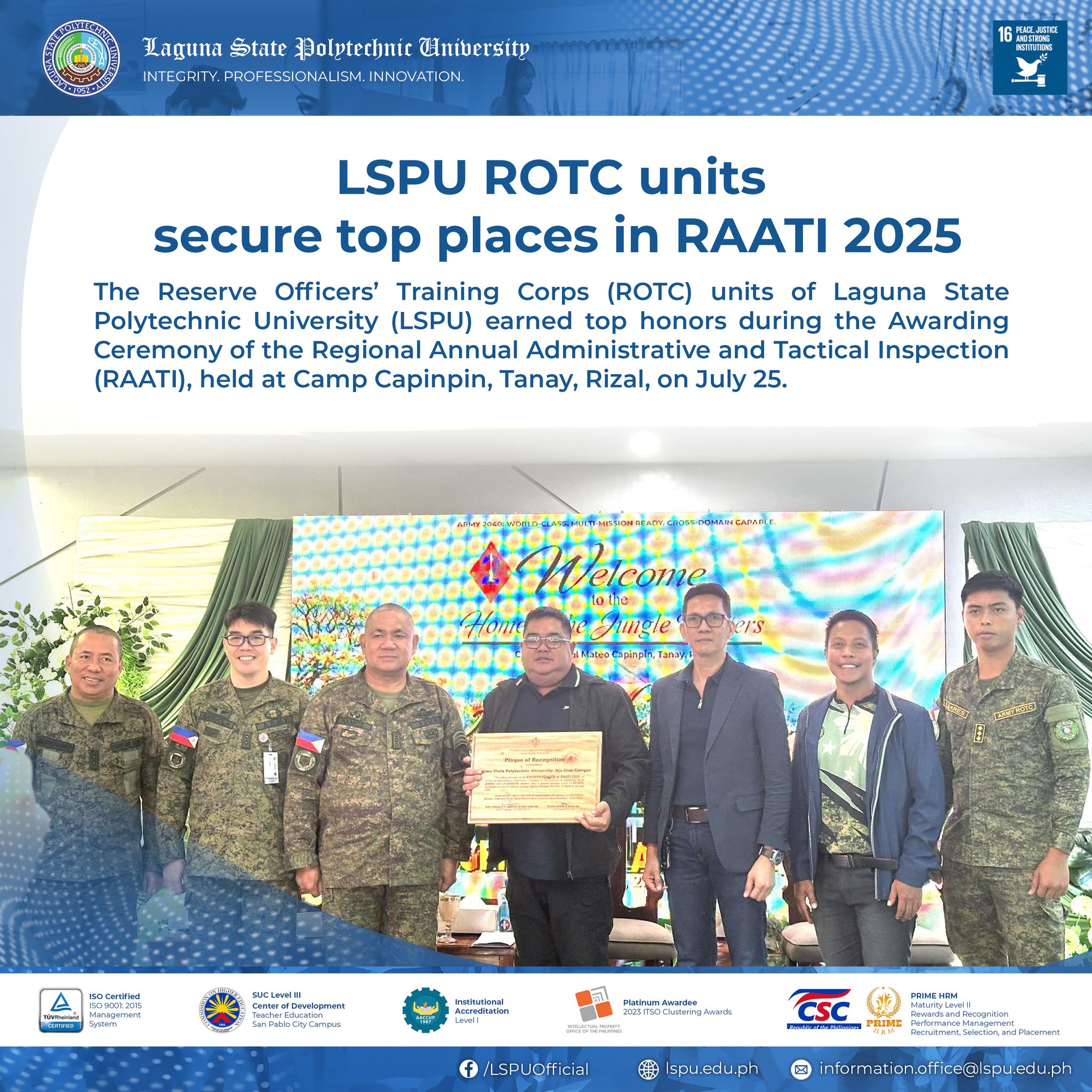Laguna - #LSPUNews l 𝗟𝗦𝗣𝗨 𝗥𝗢𝗧𝗖 𝘂𝗻𝗶𝘁𝘀 𝘀𝗲𝗰𝘂𝗿𝗲 𝘁𝗼𝗽 𝗽𝗹𝗮𝗰𝗲𝘀 𝗶𝗻 𝗥𝗔𝗔𝗧𝗜 𝟮𝟬𝟮𝟱 ...