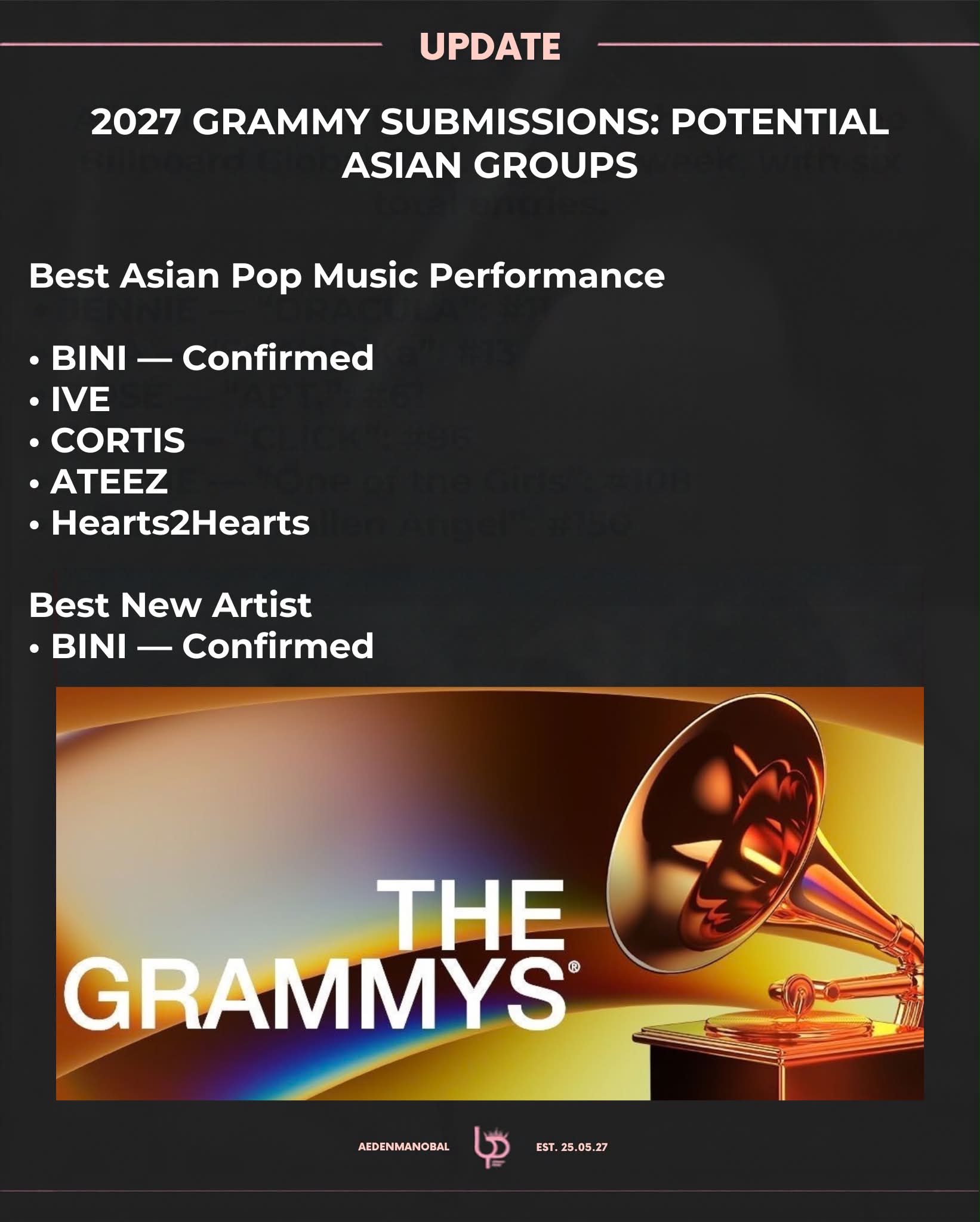 K-POP・アジア moo27 2027 Grammy submissions for Asian groups including BINI
