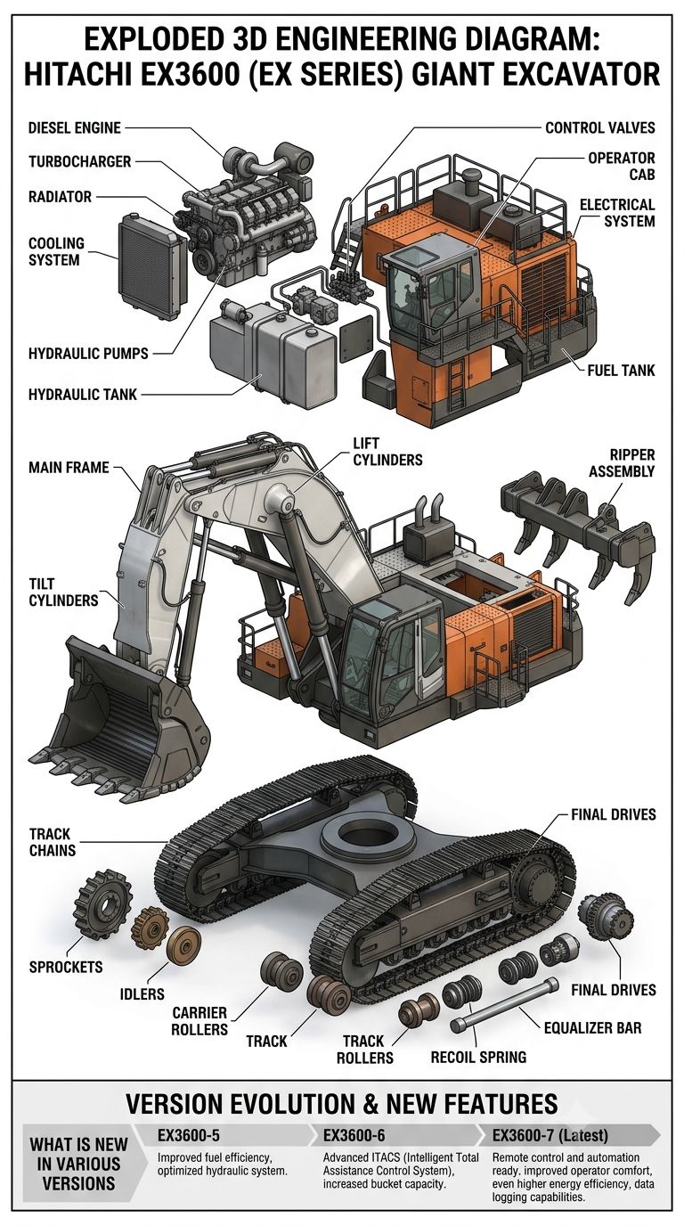 ジュン This is an exploded 3D engineering diagram of the Hitachi EX3600