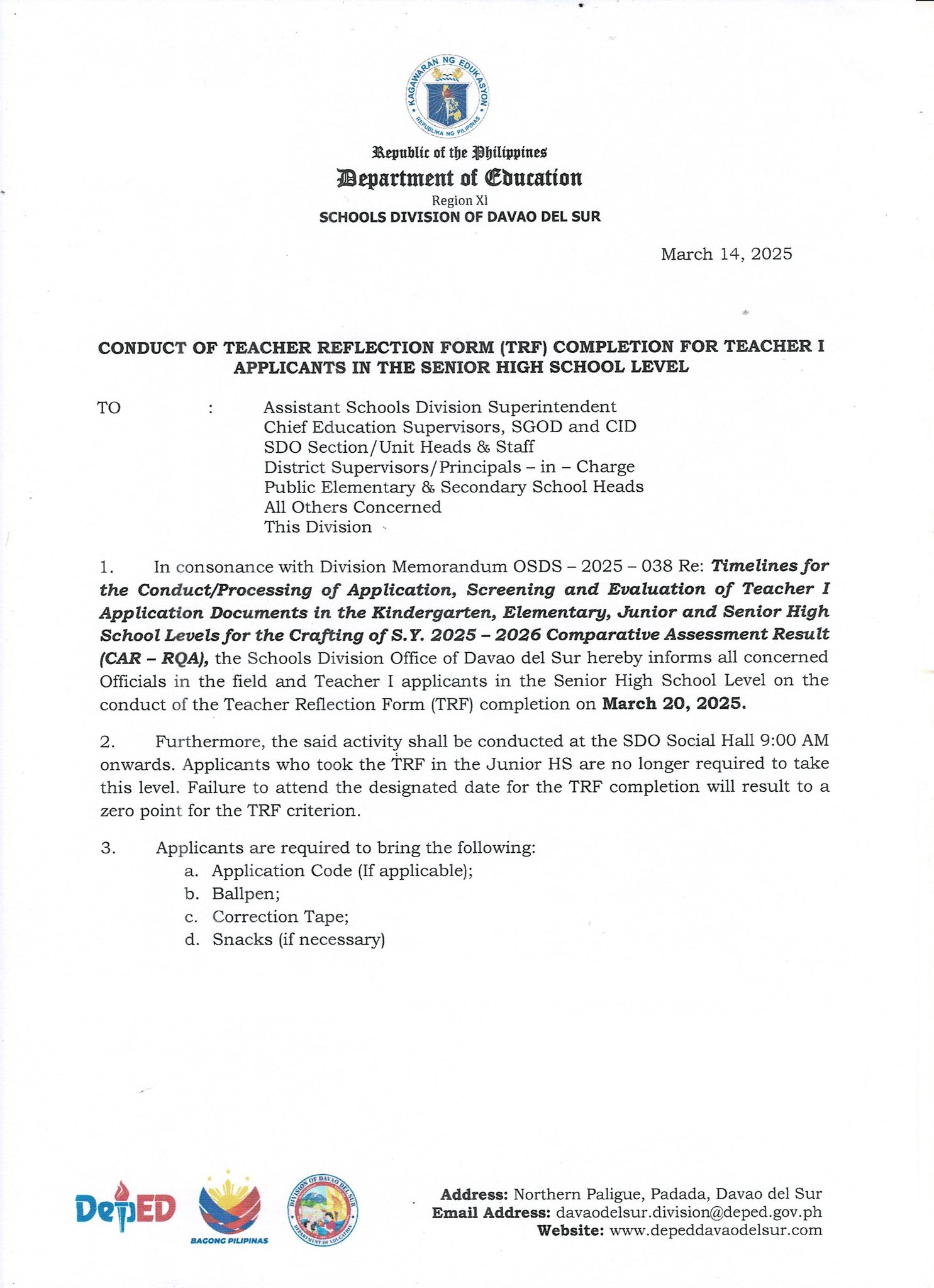 DepEd - 📢📢📢IMPORTANT ANNOUNCEMENT📢📢📢 ***ADVANCE INFORMATION*** CONDUCT ...