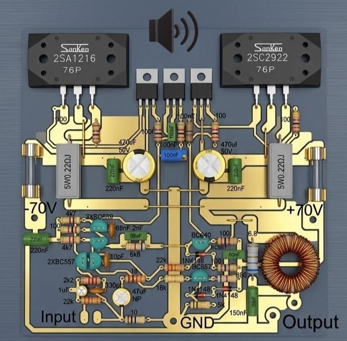 Sanken ESU-01 基盤 Sanken 2SA1216 and 2SC2922 subwoofer circuit diagram PCB