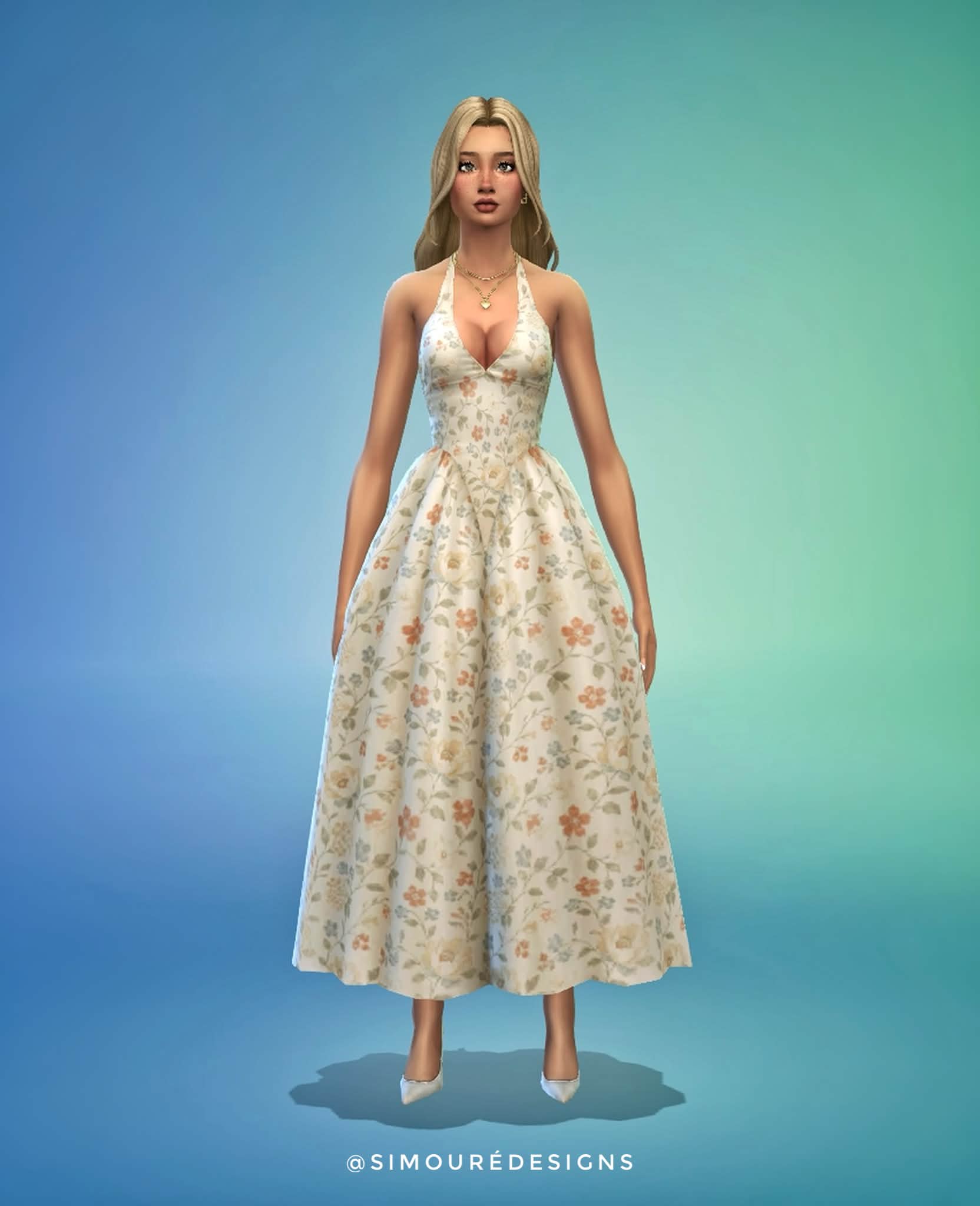 the sims 4 formal dress Female character in white floral outfit inspiration fabricCode_0122