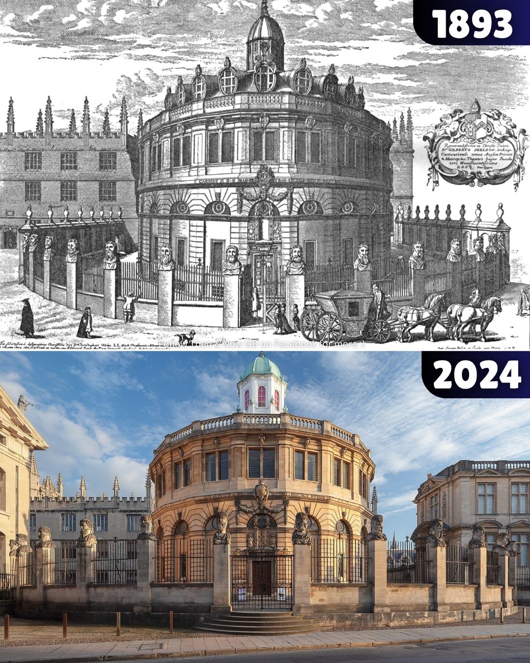 Then - The exterior of Sheldonian Theatre in Oxford, completed in 1669 ...