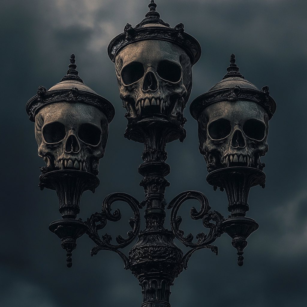 Gothic Street Lamps Adorned with Skull Motifs at Dusk