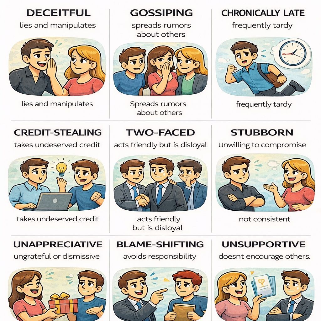 English - Deceitful — dishonest; hides the truth. Example: He gave a ...