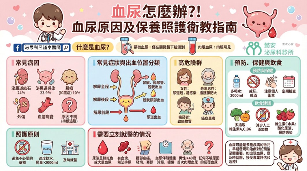 懿安泌尿科診所 - 【血尿怎麼辦?! 血尿原因及保養照護衛教指南】 血尿是指尿液中出現紅血球，可能由肉眼可見（肉眼血尿）或僅在顯微鏡下檢測到 ...