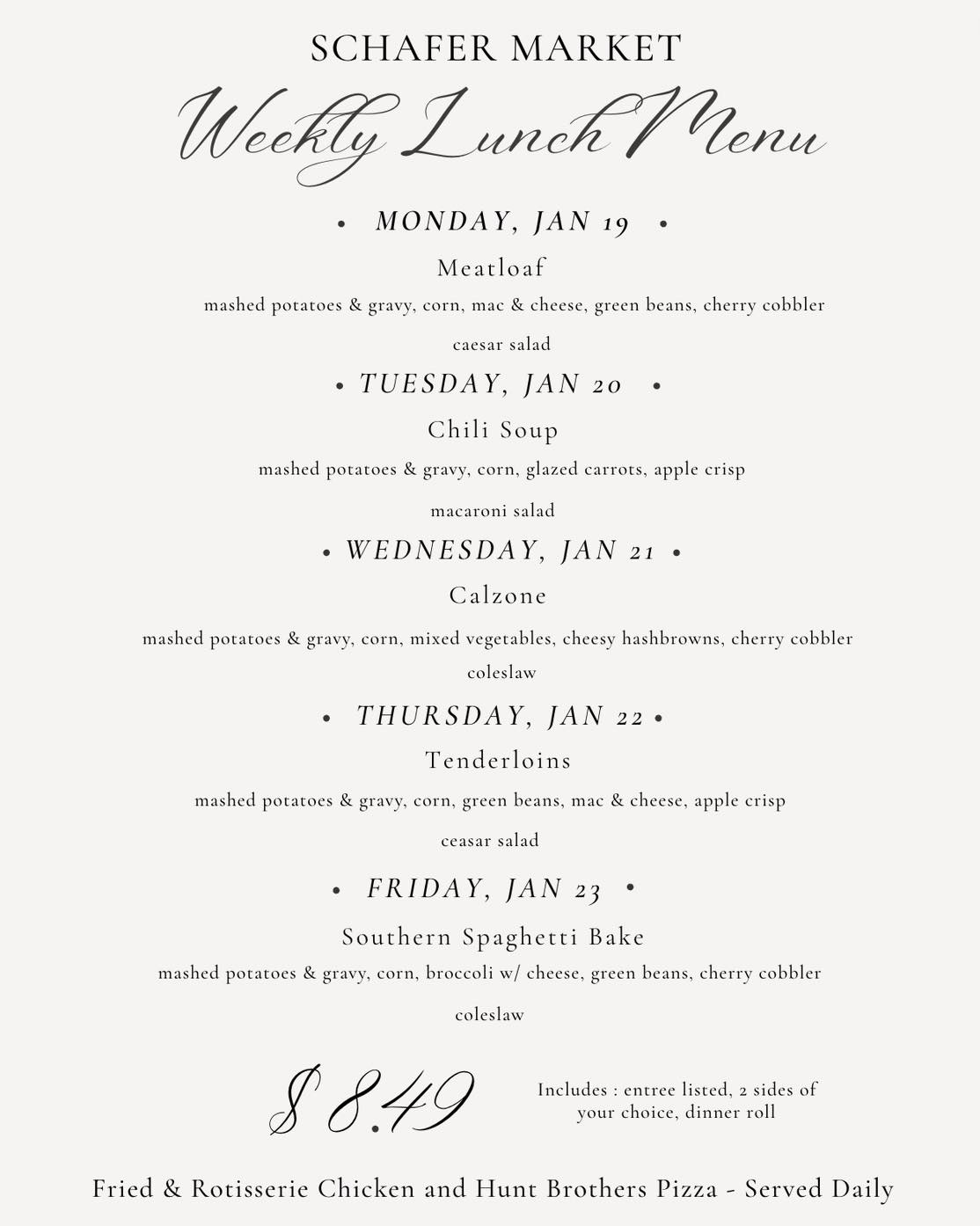 Schafer Market - • Deli Menu : 1/19 - 1/23 • | Facebook
