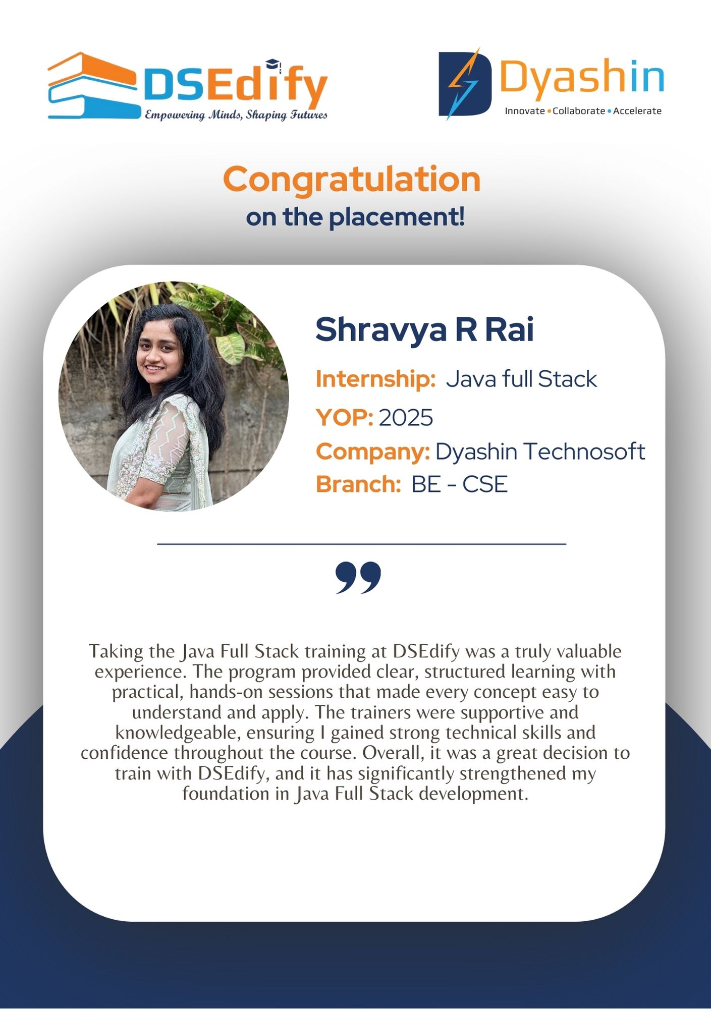 DSEdify - Congratulations to Shravya R Rai on securing her placement ...