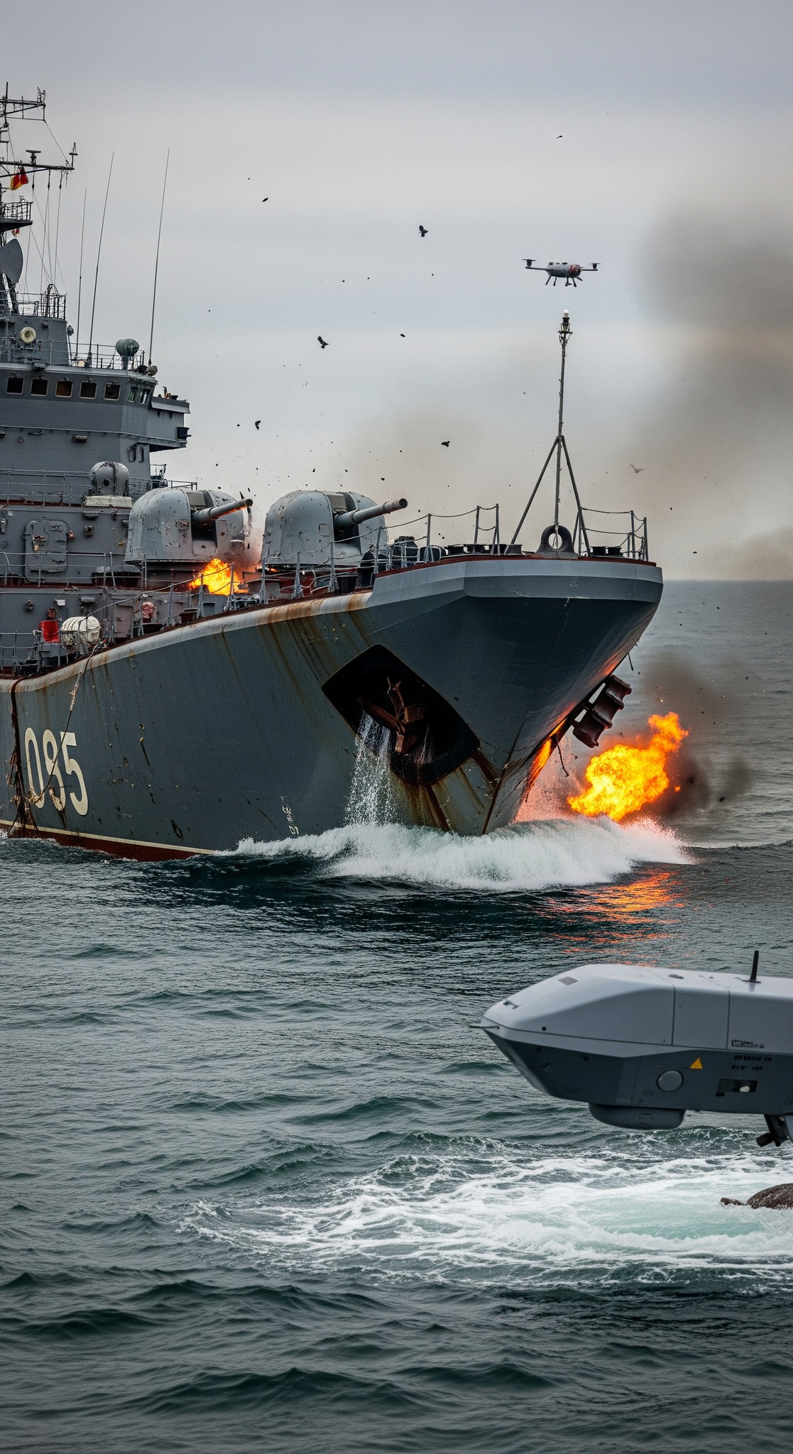 US - Russian Landing Ship Caesar Kunikov sinking in the Black Sea near ...
