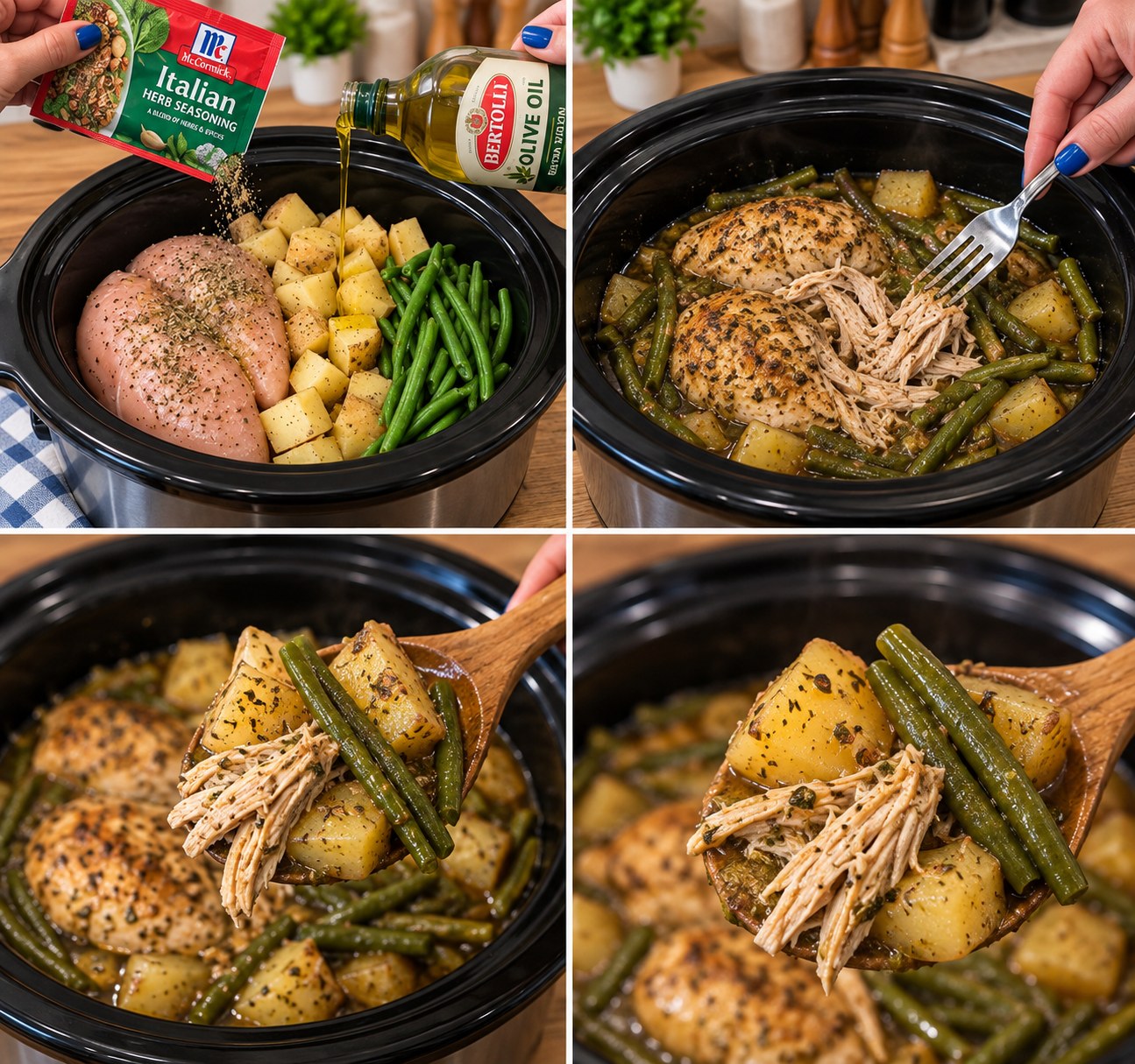 chicken green beans potatoes italian dressing crock pot Crockpot Herb Chicken, & 🍗🥔🫛 This easy crockpot dinner brings together tender chicken, soft potatoes, and fresh green beans with garlic and savory Italian herbs. Everything slow-cooks in Fashionable Knit Dress