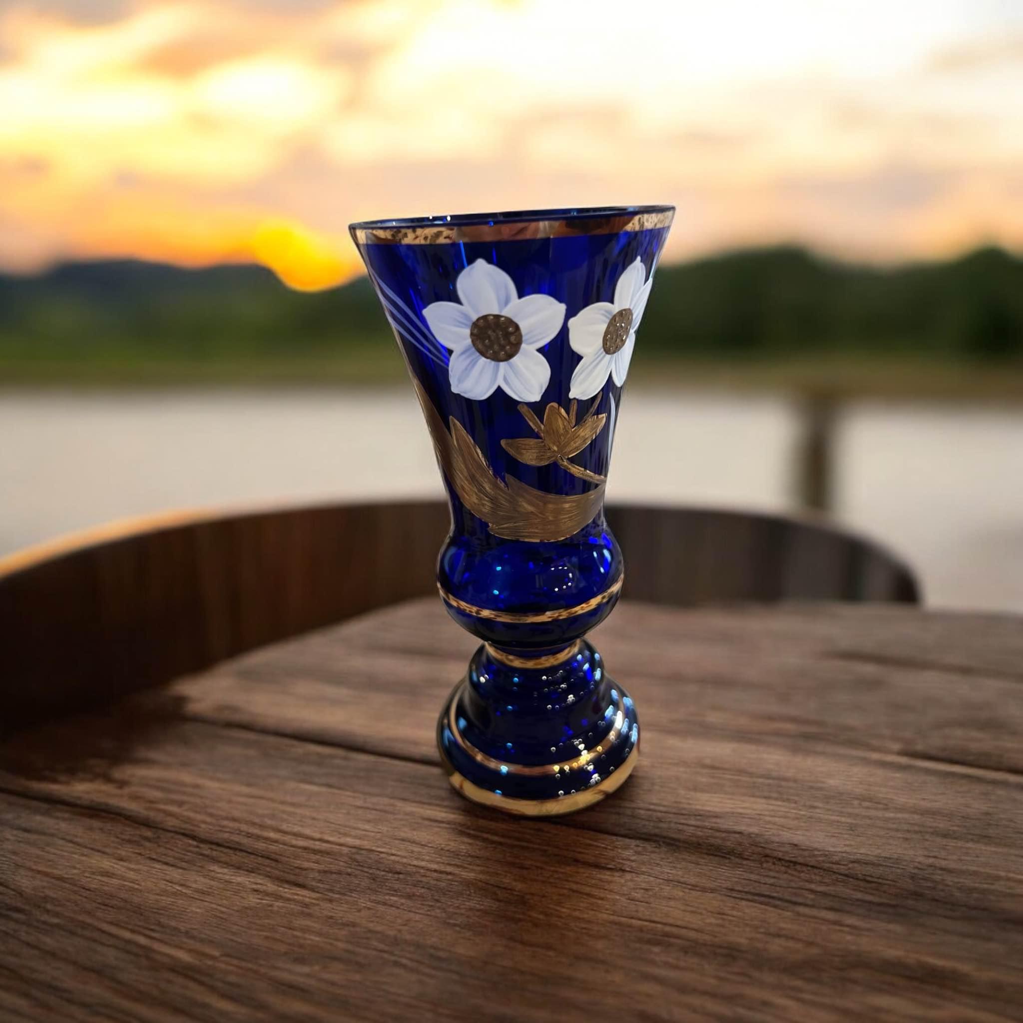 Vintage Hut Jakub Tasice Czech glass vase is cobalt blue with hand