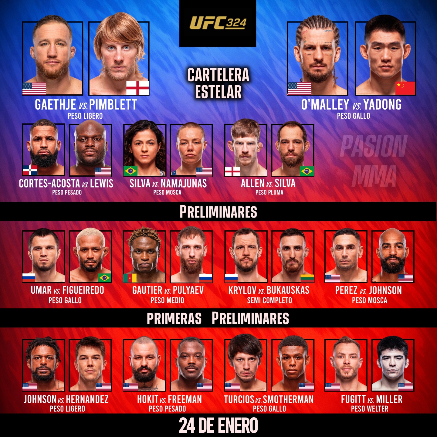 Pasion MMA - Horarios y cartelera #UFC324 / Gaethje 🆚... | Facebook