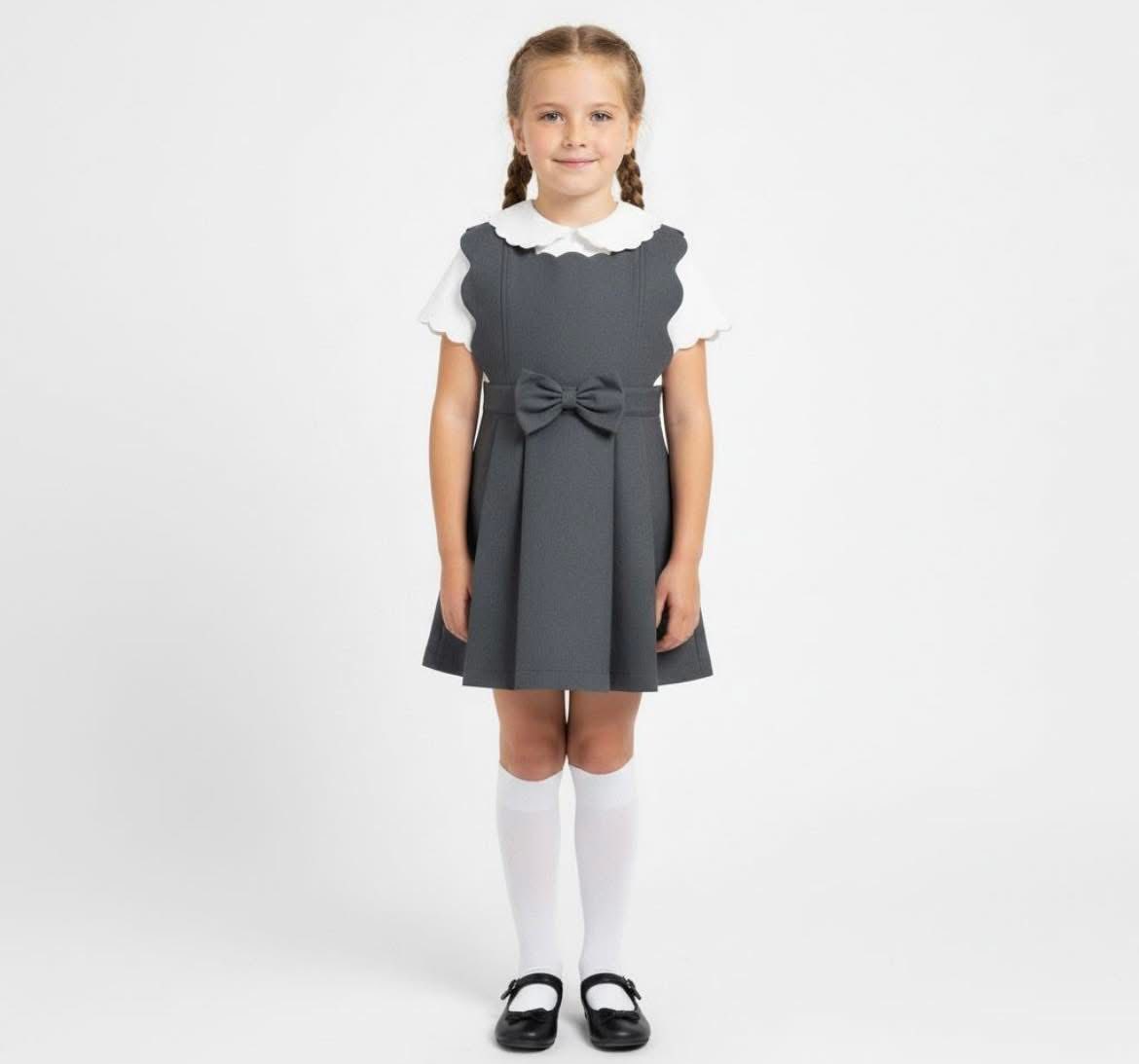 grey pinafore dress schoolwear ✏️🍎📚 Love & learn school wear 📚🍎✏️ How stunning is this scallop pinafore. Available from 3-4y up to 9-10y and is £35.99. This brand is new to the UK and we have MINI SKIRTS