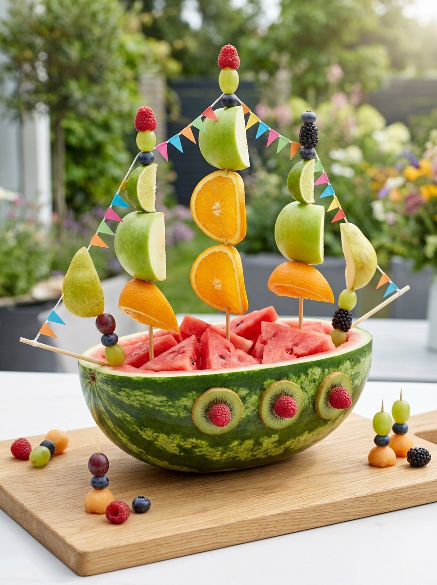 Watermelon Sailboat Adventure This little fruit boat looks ready to sail straight into snack time. ⛵🍉 A hollowed watermelon makes the perfect hull, filled with juicy watermelon chunks, while apple, pear, lime