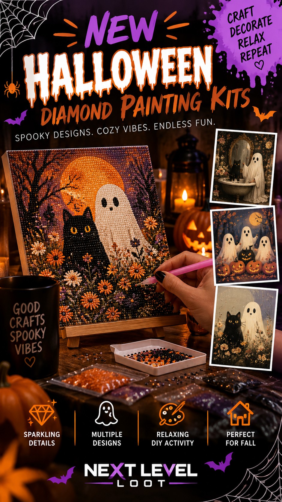 New diamond art releases: Autumn Witch and Jet in the Pumpkin Patch