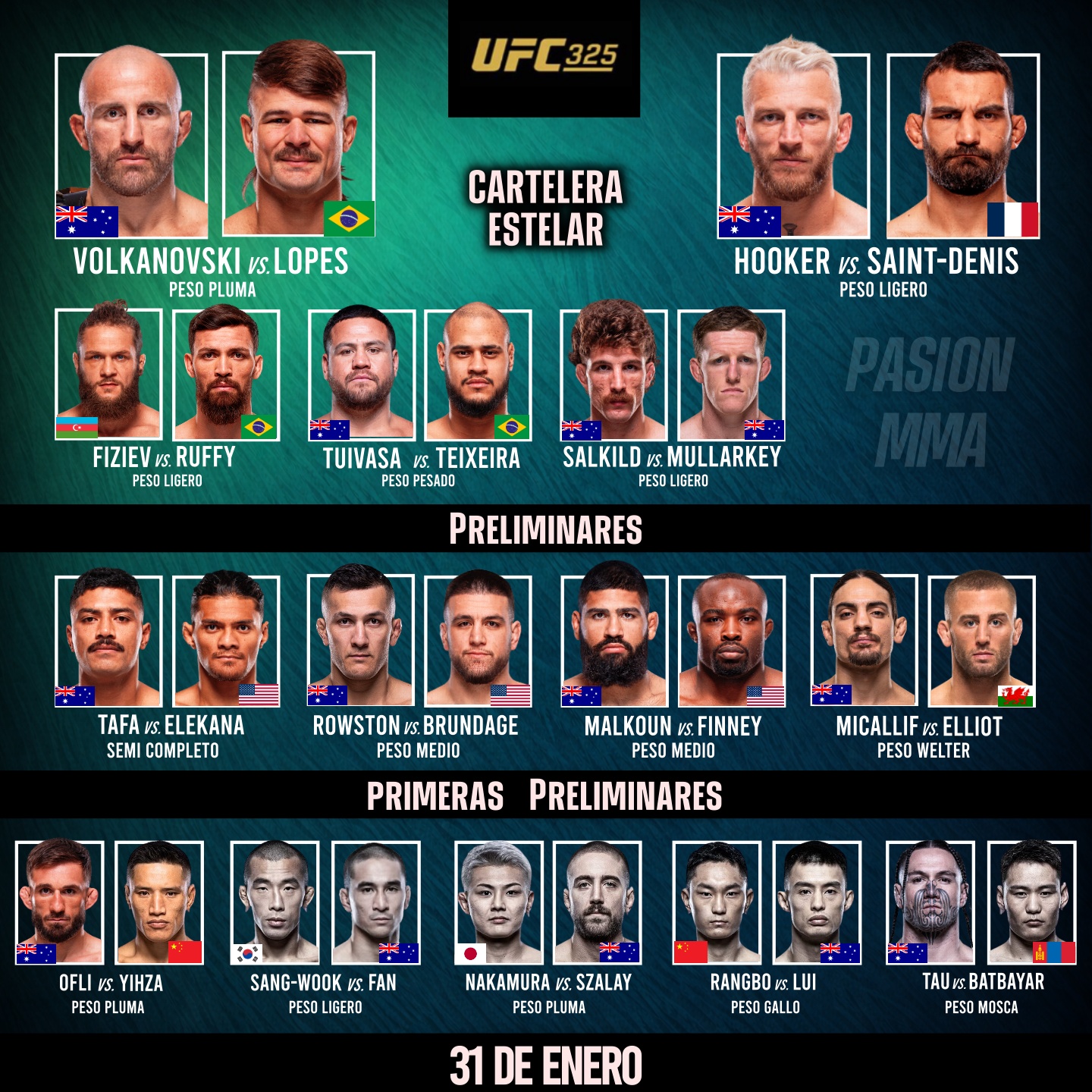 Pasion - Horarios y cartelera #UFC325 / Volkanovski 🆚 Lopes 2 / Sábado ...