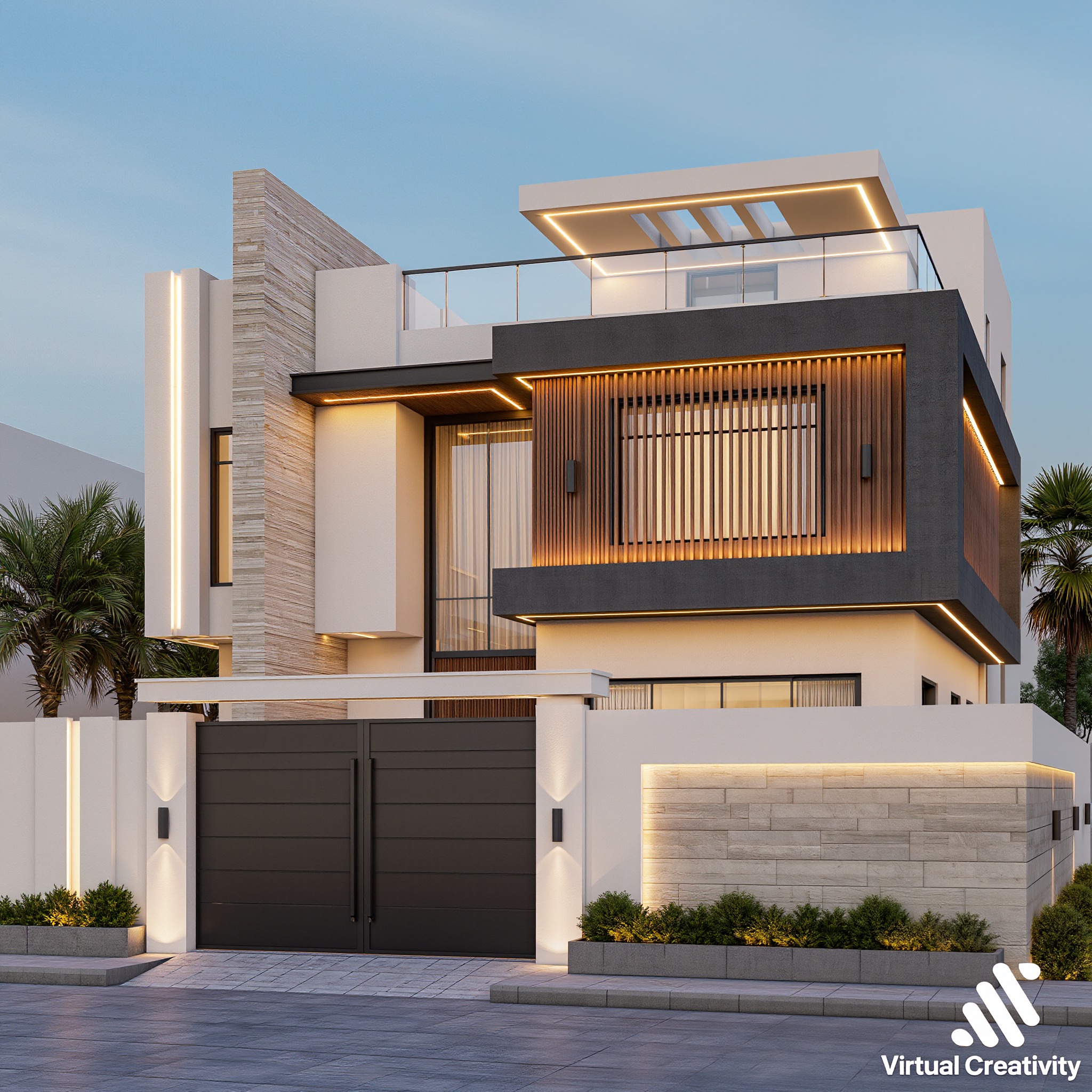 Virtual - A sleek villa blending ivory-white plaster, dark concrete ...