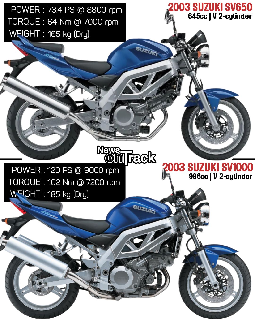 The 2003 Suzuki SV1000 and Kawasaki Z1000 represent two different