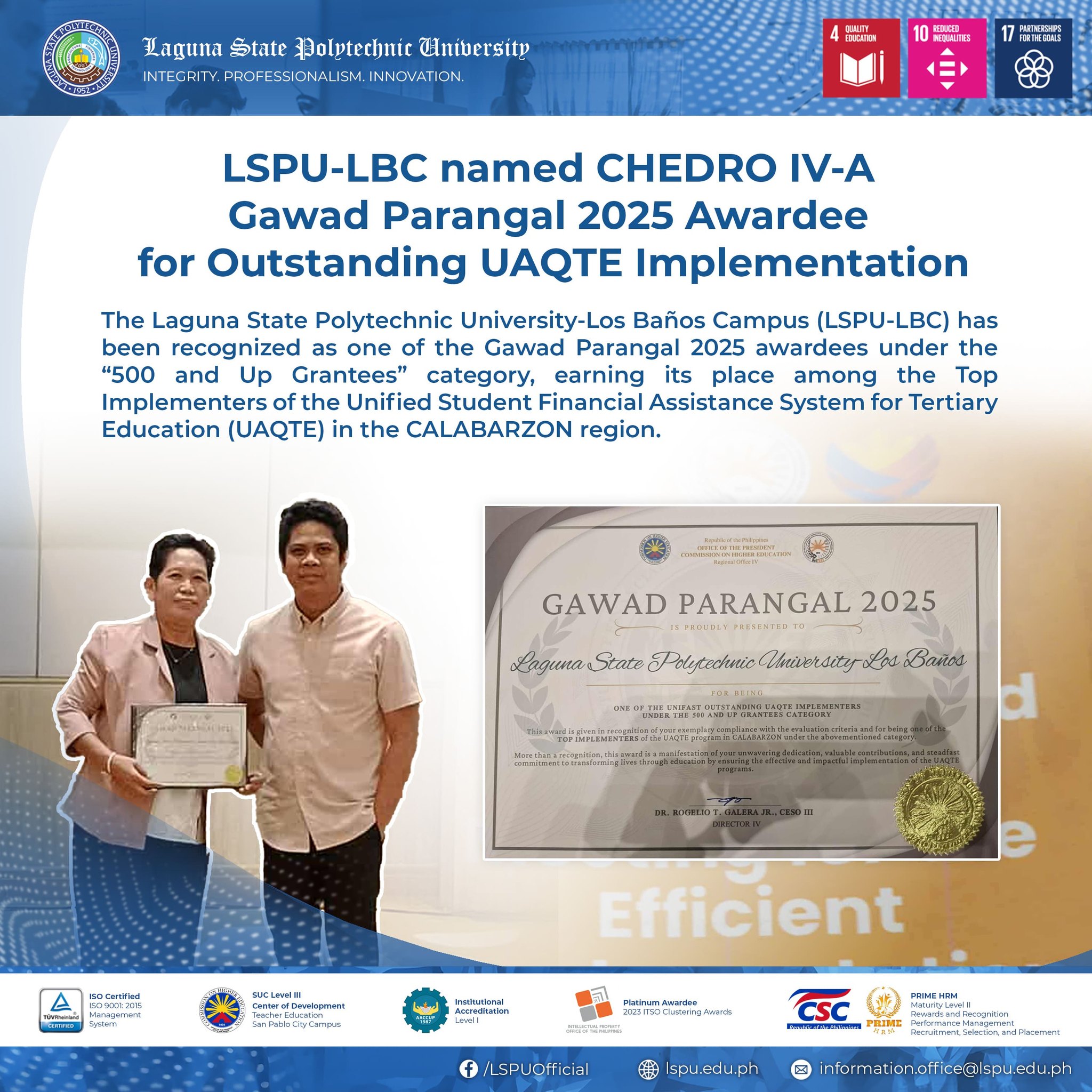 Laguna - #LSPUNews l 𝗟𝗦𝗣𝗨-𝗟𝗕𝗖 𝗻𝗮𝗺𝗲𝗱 𝗖𝗛𝗘𝗗𝗥𝗢 𝗜𝗩-𝗔 𝗚𝗮𝘄𝗮𝗱 𝗣𝗮𝗿𝗮𝗻𝗴𝗮𝗹 𝟮𝟬𝟮𝟱 ...