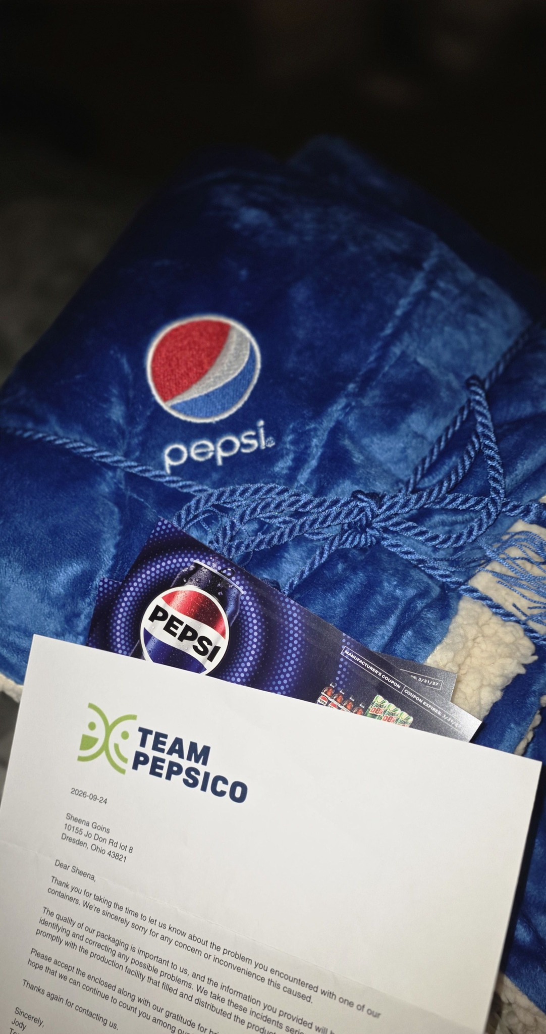 Great customer service from PepsiCo in Zanesville, Ohio