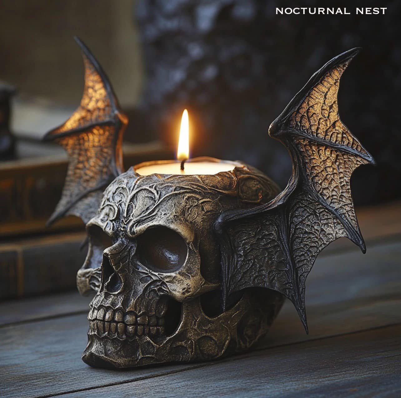 Gothic Street Lamps Adorned with Skull Motifs at Dusk