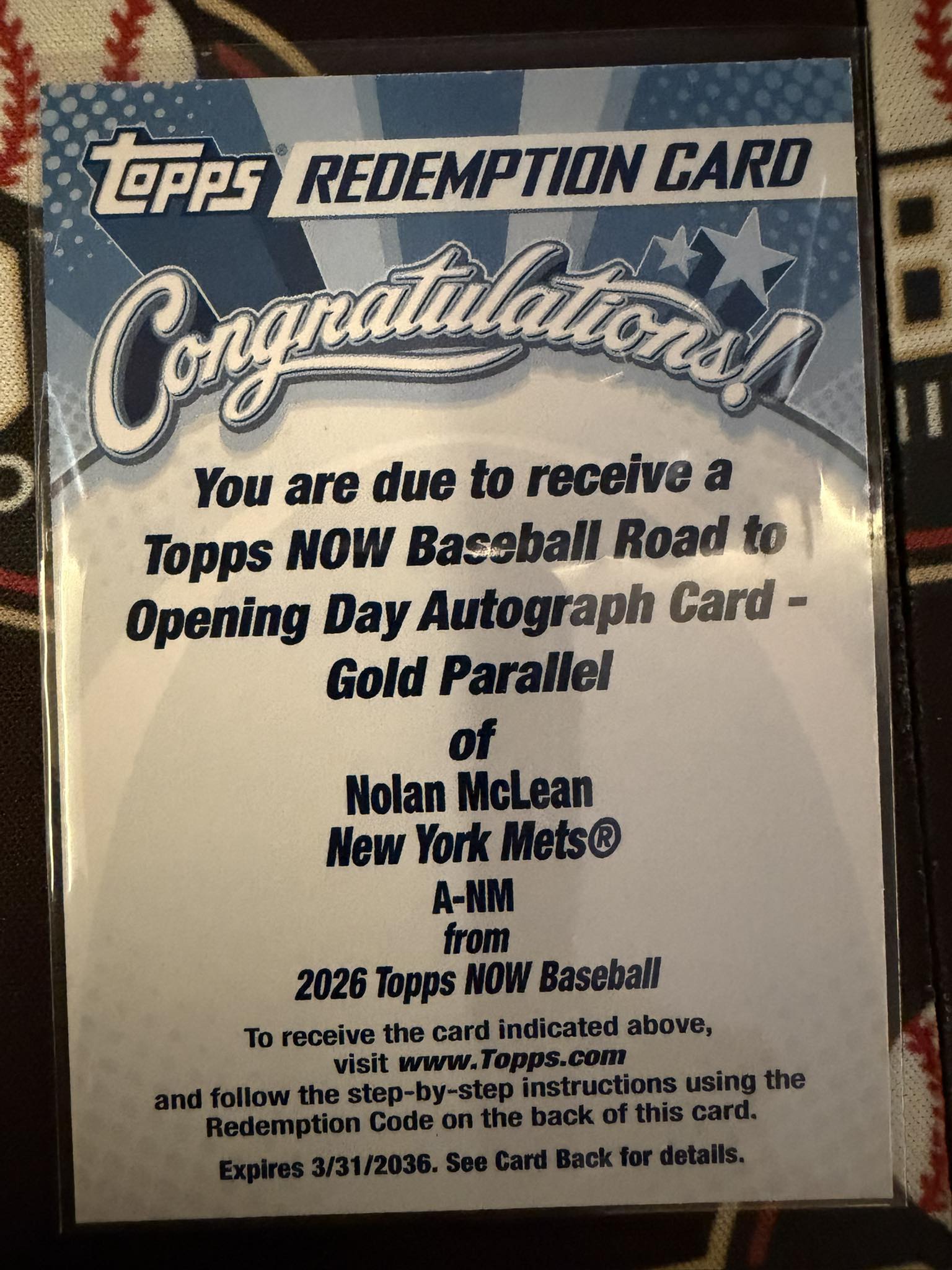 Nolan McLean autograph card from 2026 Topps NOW Baseball