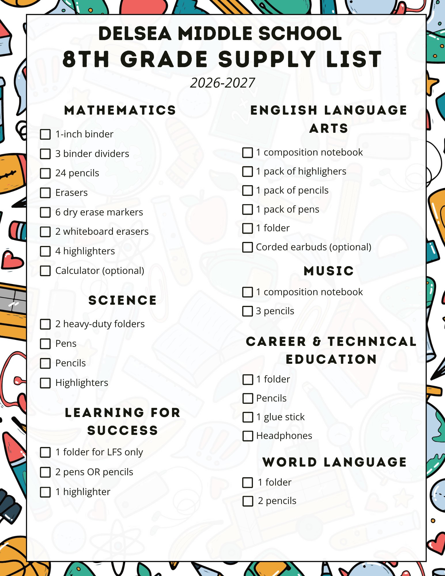 Delsea Middle School 2026-2027 supply lists