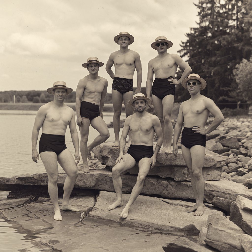 Men in bathing suits around 1900 exhibiting charm