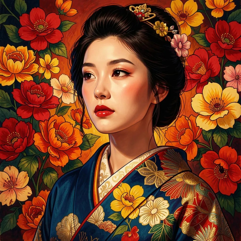 Vibrant digital painting of Japanese women in kimonos celebrating