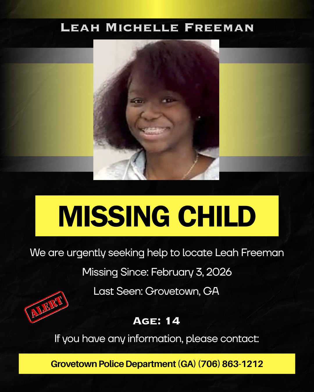 🚨 Missing Child Alert Leah Michelle Freeman Missing Since  