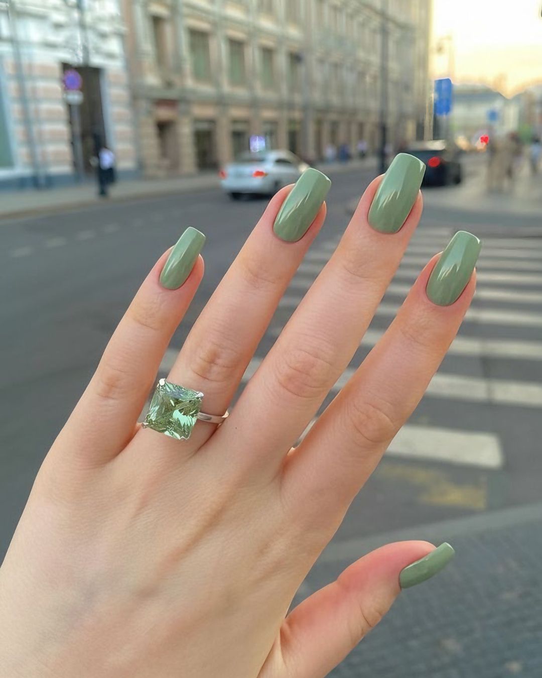 What nail designs match a sage green dress?
