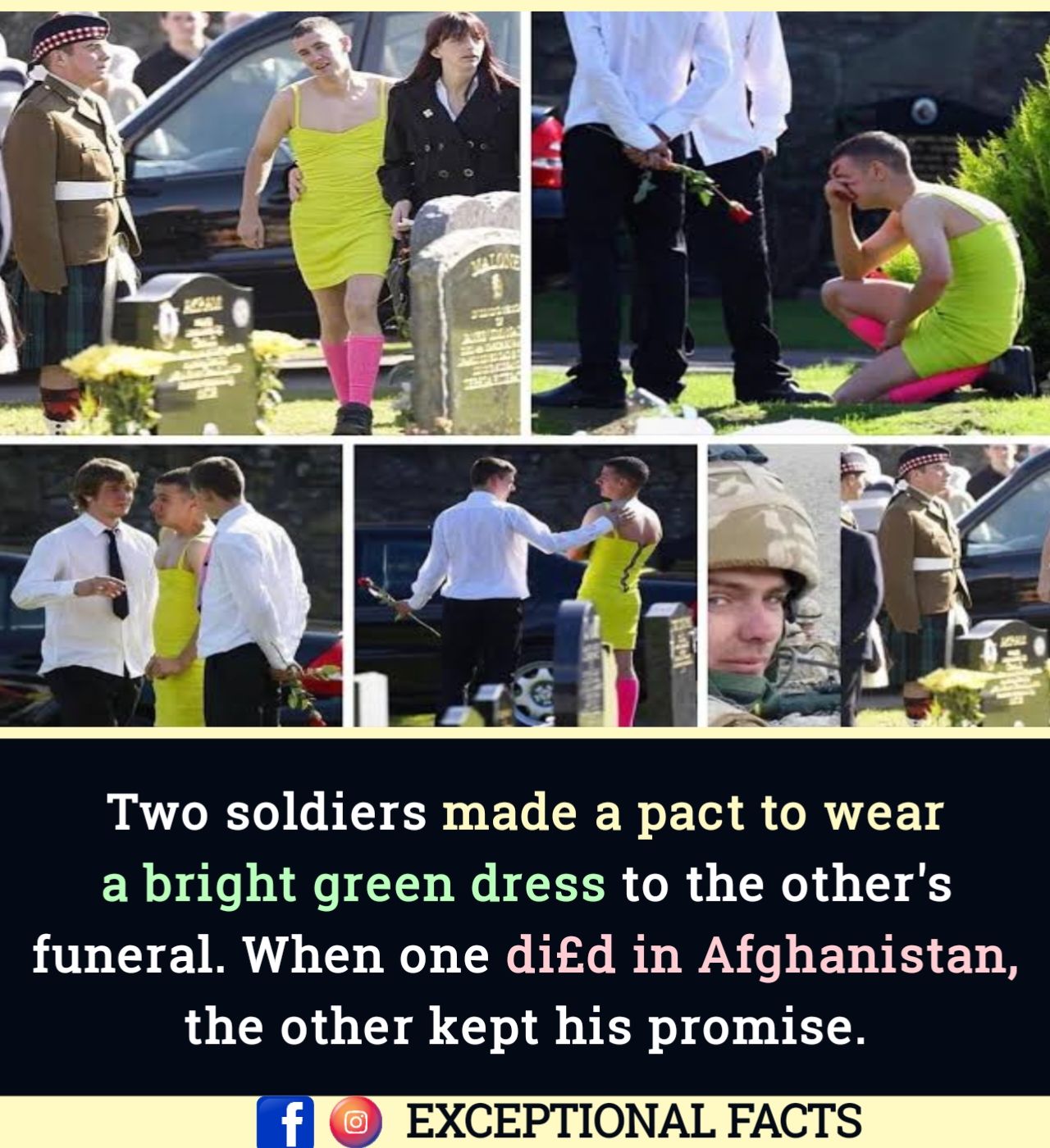 man wears green dress to funeral He honored a promise the point of absurdity In August 2009, in Dundee, Scotland, British soldier Kevin Elliott, a member of the Black Watch regiment, was killed in Afghanistan during an campaign_je-taime-badge