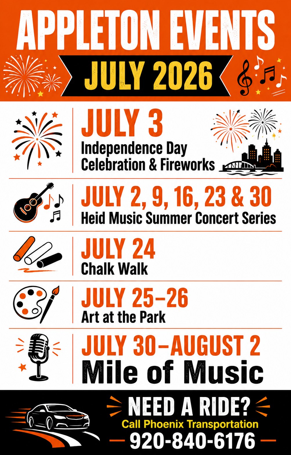 ウォーク Appleton events and transportation options in July