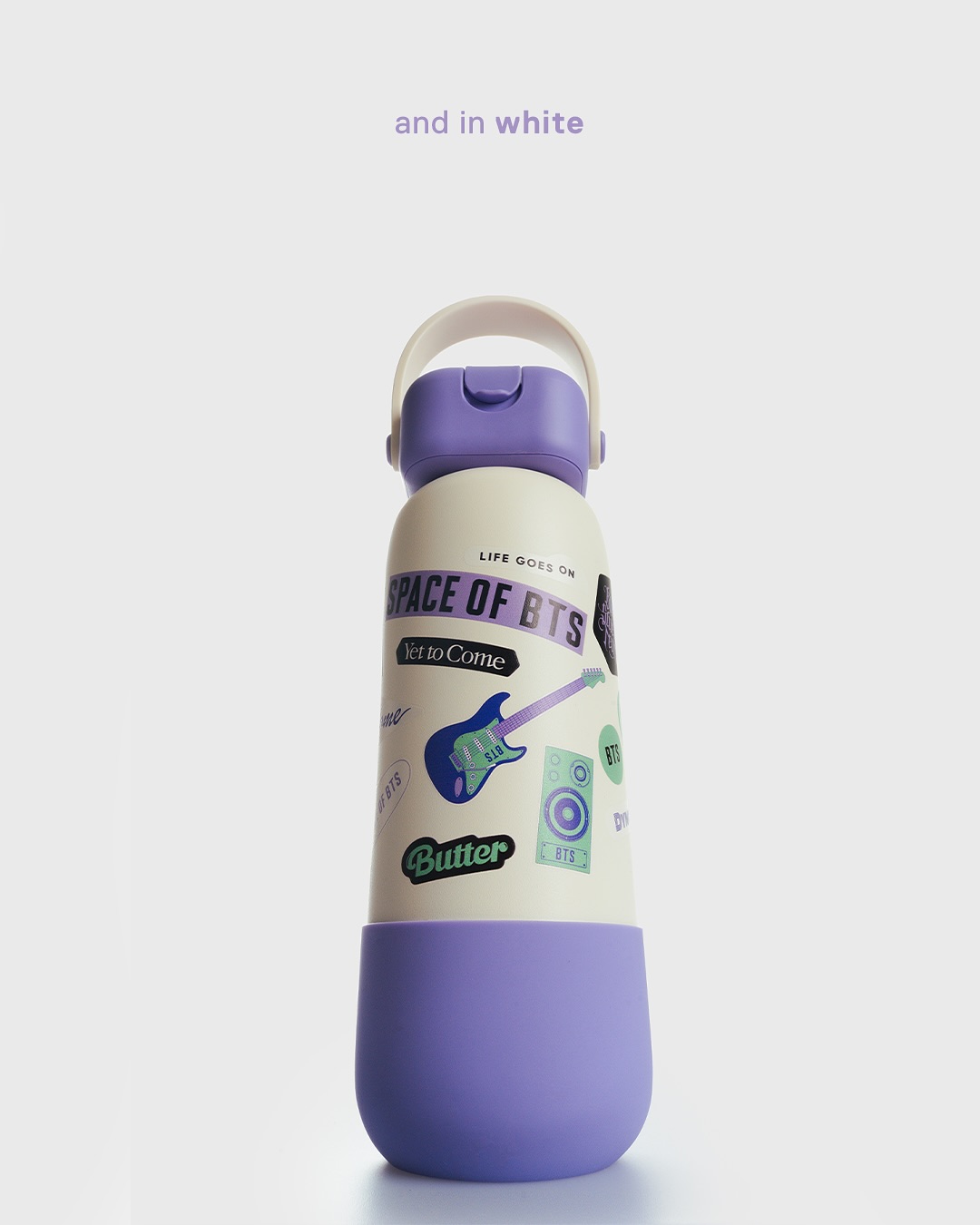 The limited-edition Space of BTS Robo Flasks in purple and white