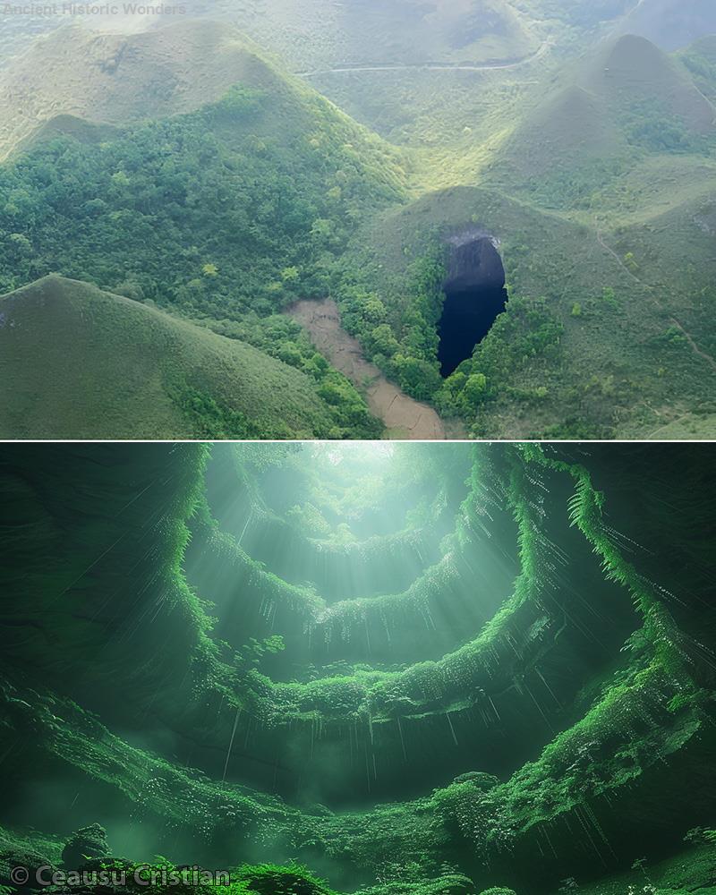 A 630 foot giant sinkhole has an ancient world with a forest in it