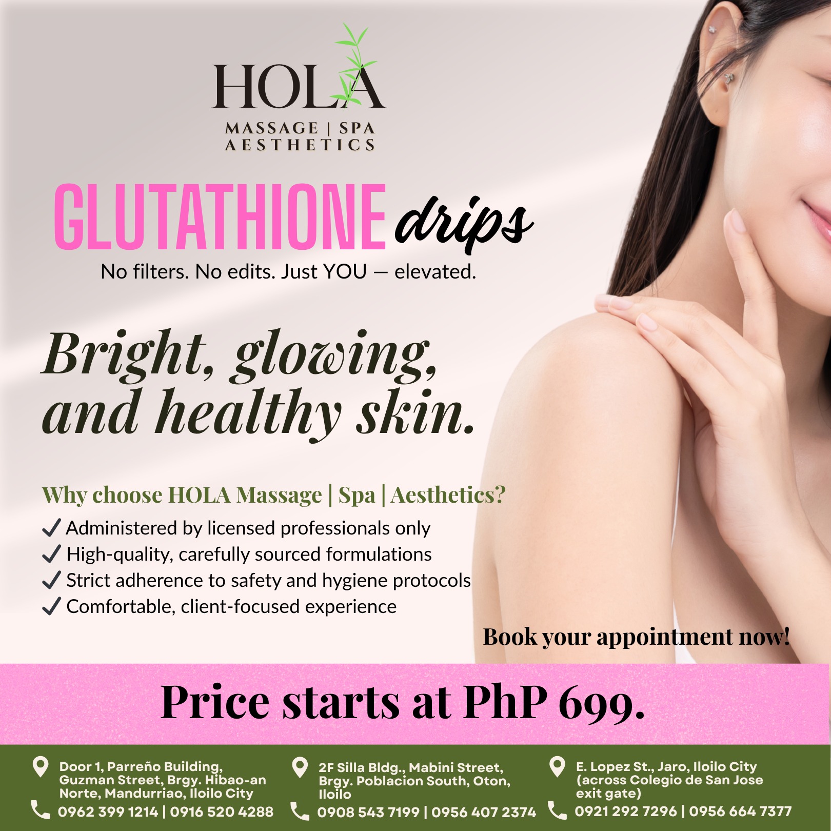 DRIP NOW, GLOW LATER ✨💖 POV: You finally found the secret to that effortless glow. Say hello to brighter, smoother, healthier-looking skin with our Glutathione Drips at HOLA 🌿 Because glowing skin