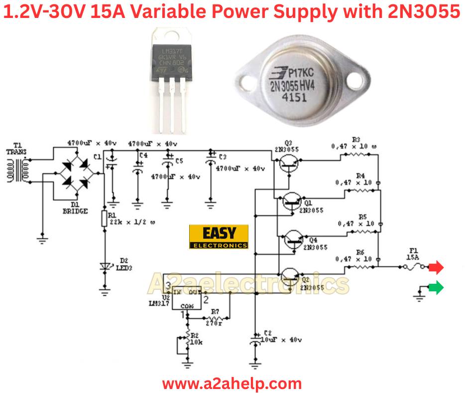 A2aelectronics - 1.2V-30V 15A Variable Power Supply with 2N3055 ...